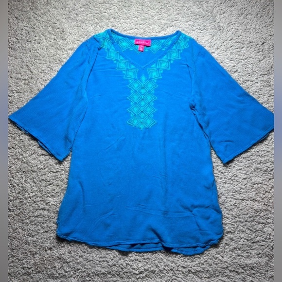 Lilly Pulitzer Top Womens Medium Embroidered Bell Sleeves Lightweight Resort - Picture 1 of 4
